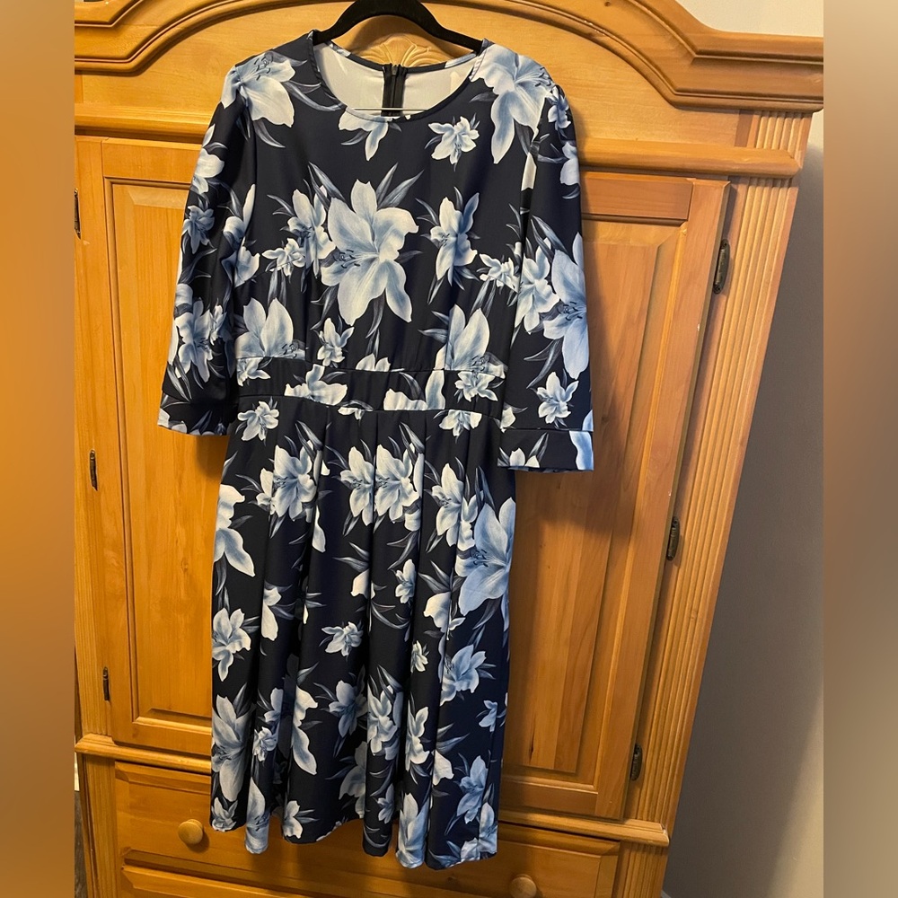 Blue Casual Sundress with 3/4 Bishop Sleeves